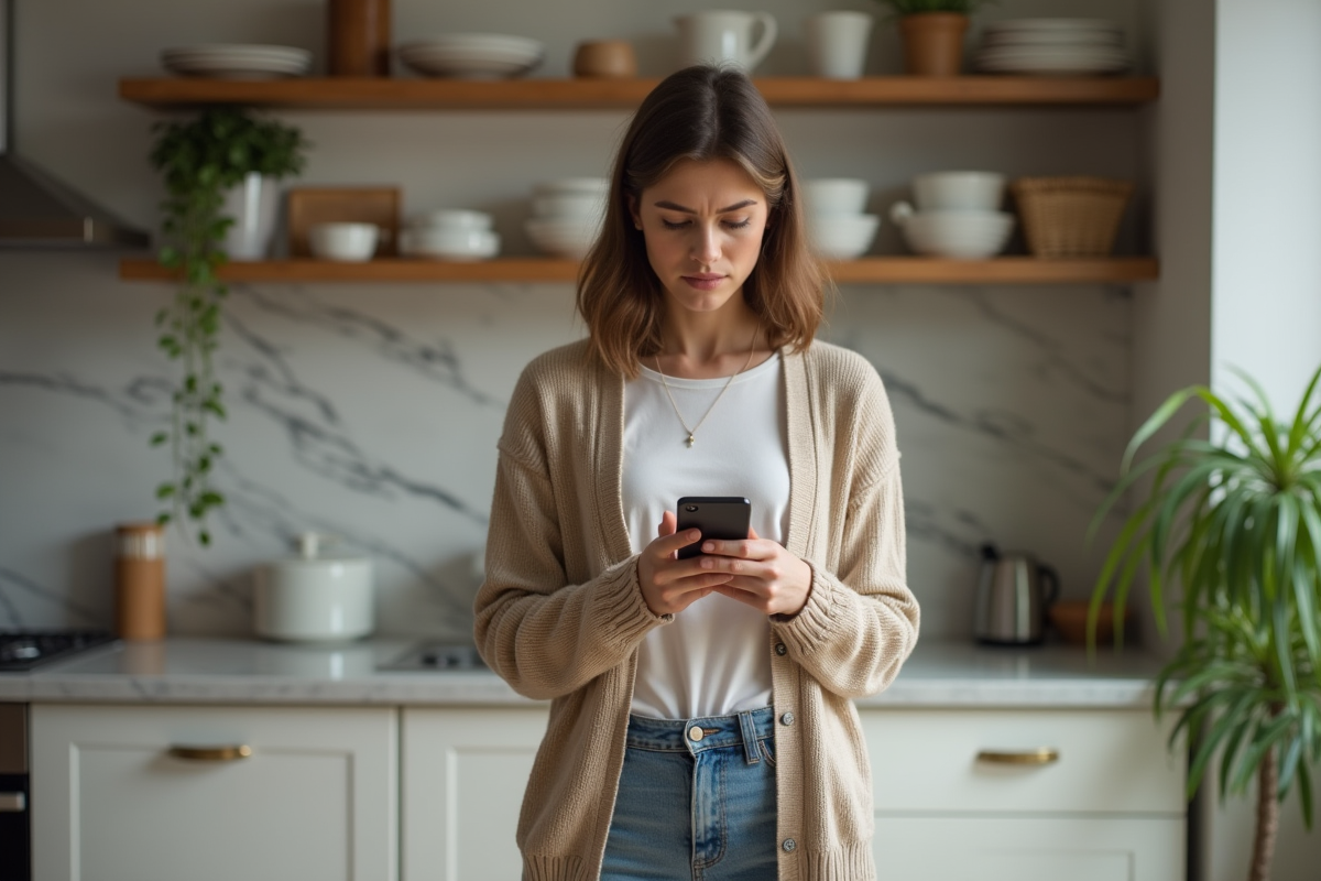 Jeune femme examinant un message suspect avec son smartphone en cuisine