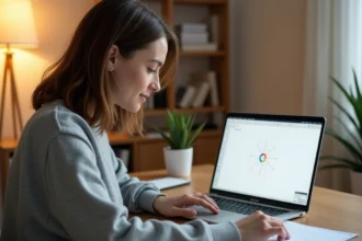 Femme débutante utilisant Paint sur MacBook dans un bureau à domicile