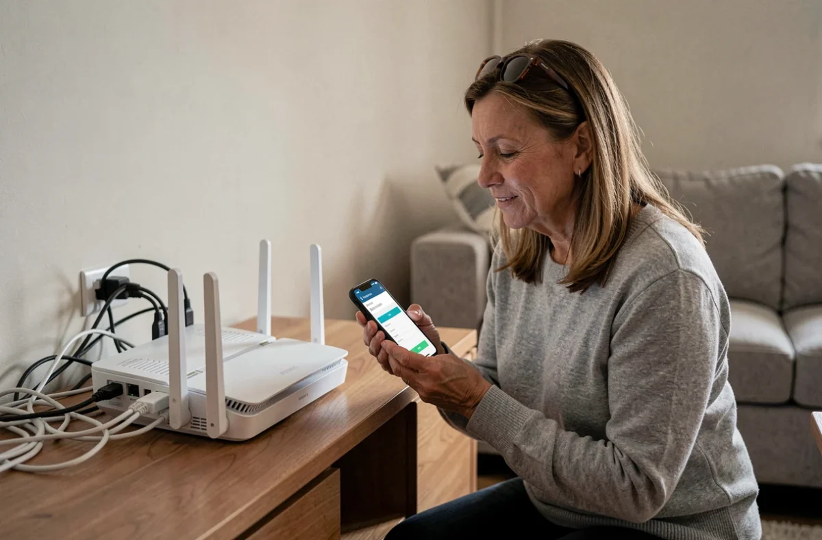 Femme résolvant un problème d'accès à l'interface réseau d'un modem depuis son salon