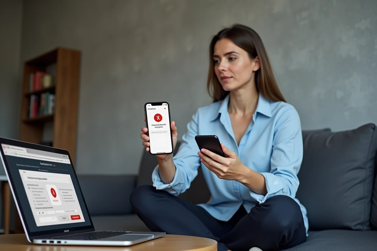 Femme consultant un guide de dépannage sur smartphone et ordinateur portable pour corriger une erreur Freebox 20 FF