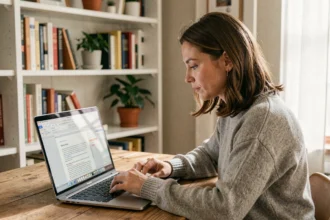Femme utilisant Microsoft Word sur un ordinateur portable pour appliquer l'effet miroir sur du texte, dans un bureau à domicile chaleureux