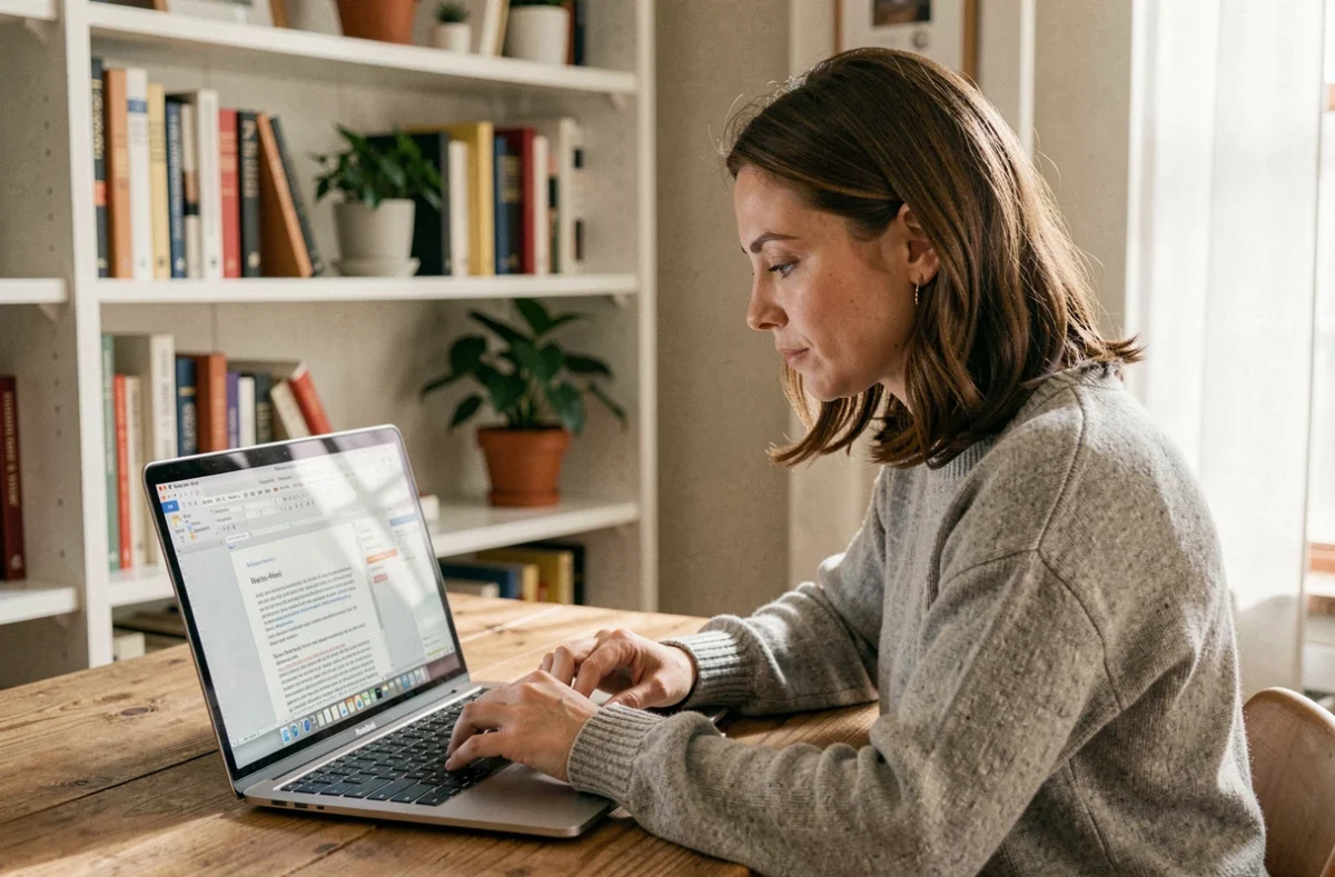 Femme utilisant Microsoft Word sur un ordinateur portable pour appliquer l'effet miroir sur du texte, dans un bureau à domicile chaleureux