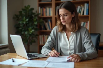 Femme adulte étudiant des fiches mémo PDF d'informatique pour débutants sur un bureau en bois à domicile
