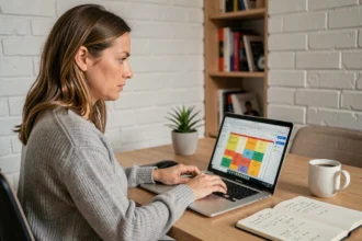 Femme travaillant sur un tableur Excel avec des formules de moyenne pondérée sur un ordinateur portable dans un bureau à domicile moderne
