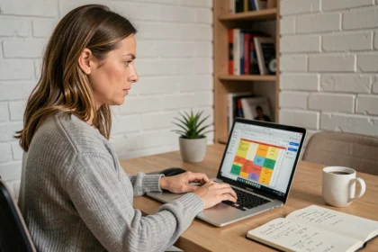 Femme travaillant sur un tableur Excel avec des formules de moyenne pondérée sur un ordinateur portable dans un bureau à domicile moderne
