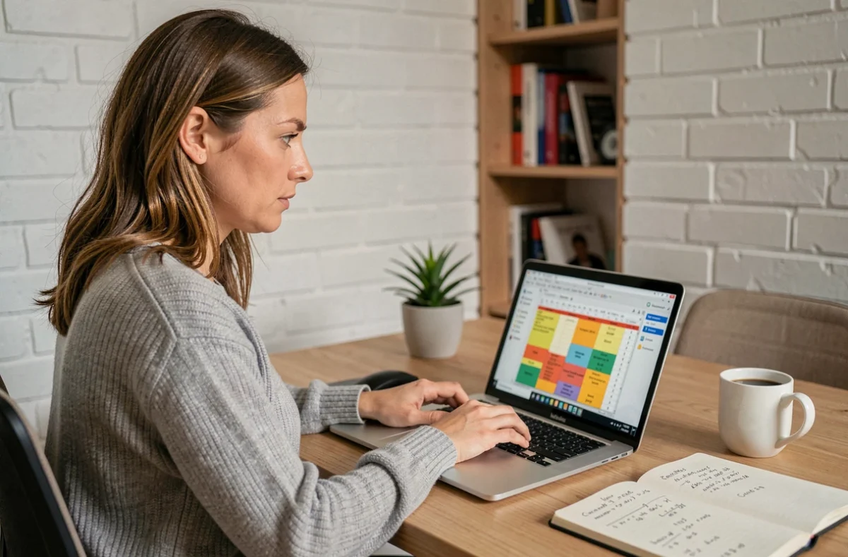 Femme travaillant sur un tableur Excel avec des formules de moyenne pondérée sur un ordinateur portable dans un bureau à domicile moderne