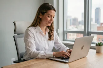 Femme professionnelle gérant ses emails sur un ordinateur portable dans un bureau moderne et lumineux