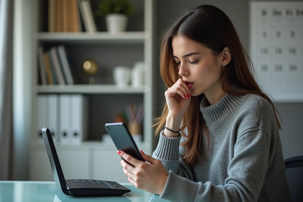 Jeune femme tenant un smartphone devant un routeur wifi
