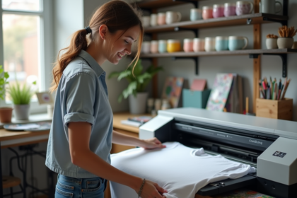 Femme alignant un t-shirt en studio créatif lumineux