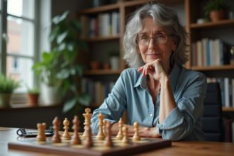 Femme d'âge moyen jouant aux échecs dans un bureau cosy