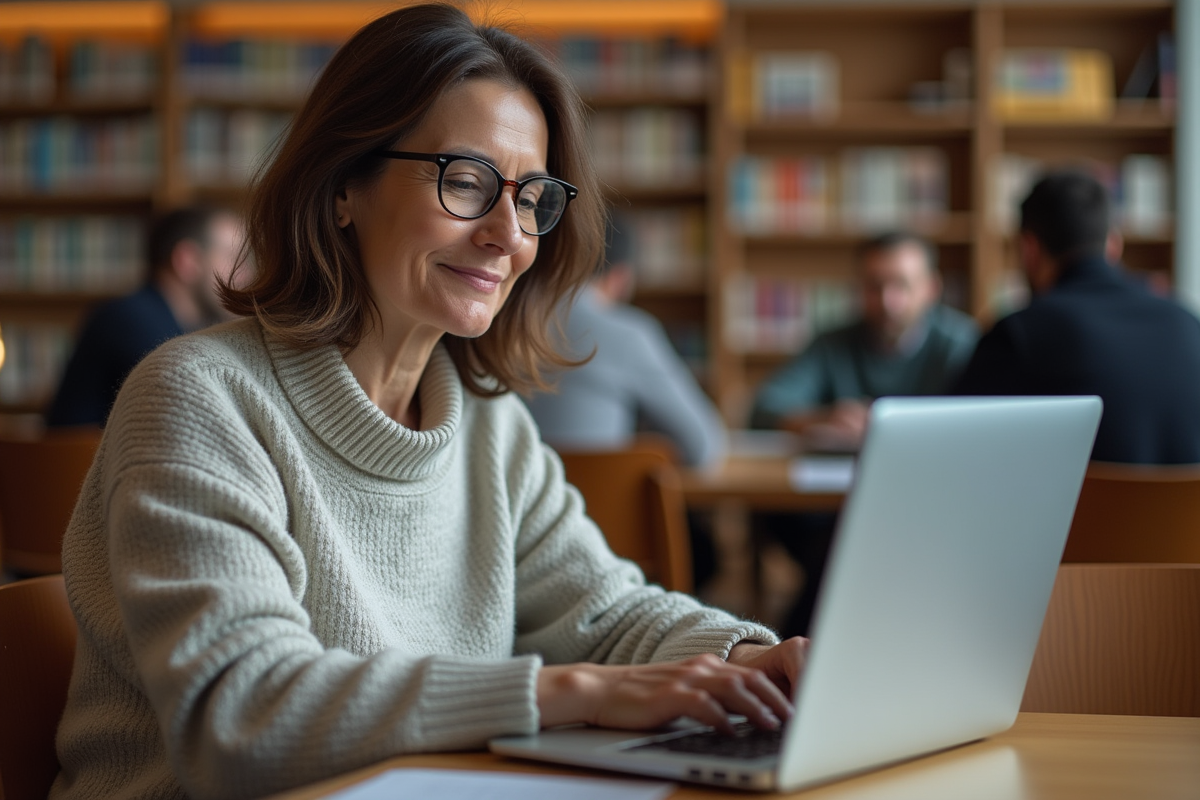 Femme examinant les infos système sur son laptop en bibliothèque