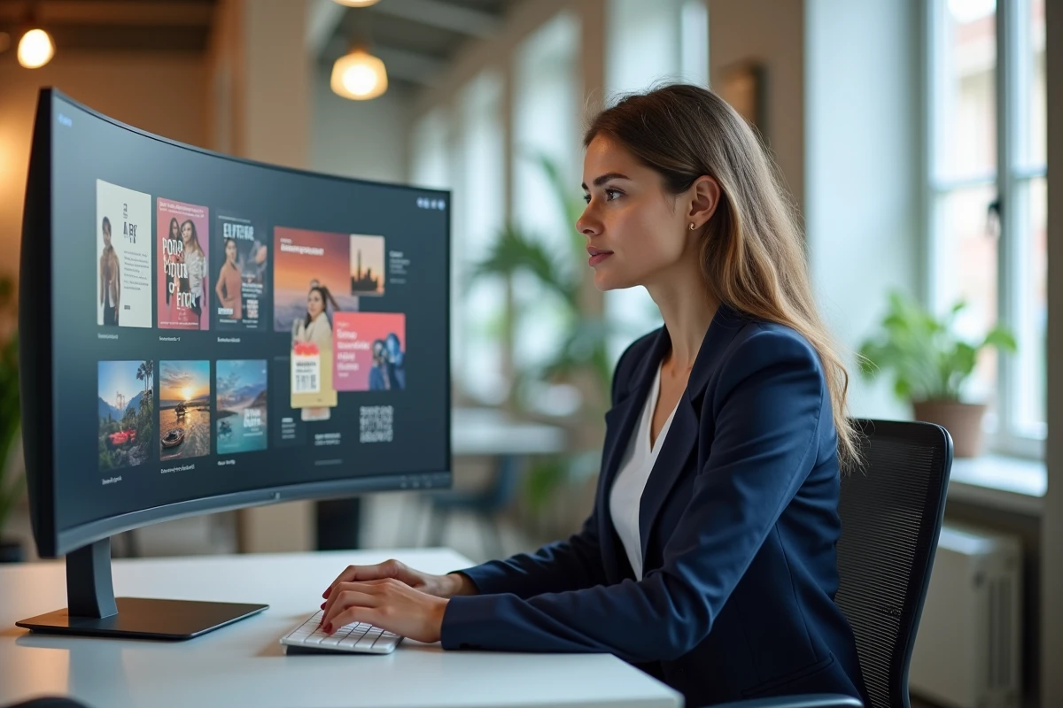 Femme de marketing utilisant une interface IA pour générer des visuels de campagne sur un écran d'ordinateur dans un bureau moderne
