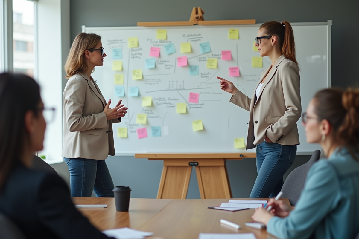 Femme en réunion expliquant des cartes mentales