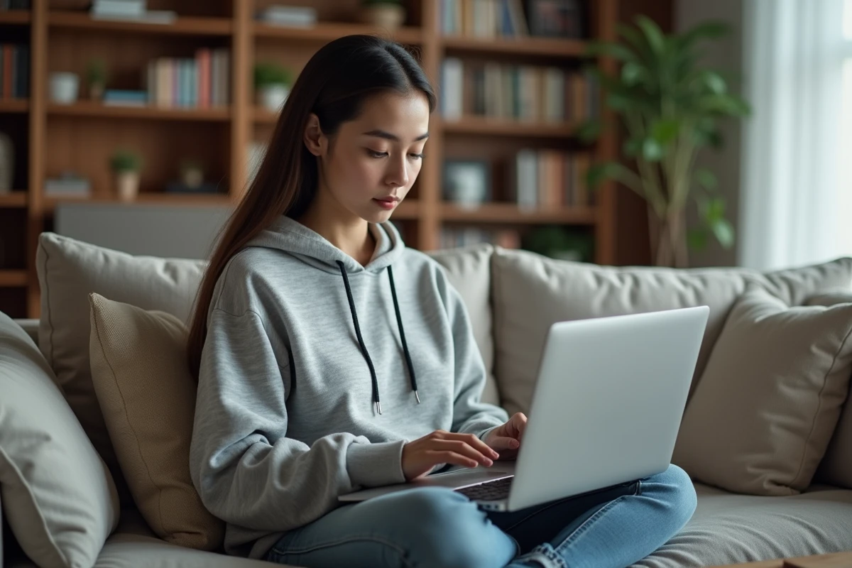Jeune femme optimisant les logiciels de démarrage et les outils de nettoyage système sur son ordinateur portable à domicile