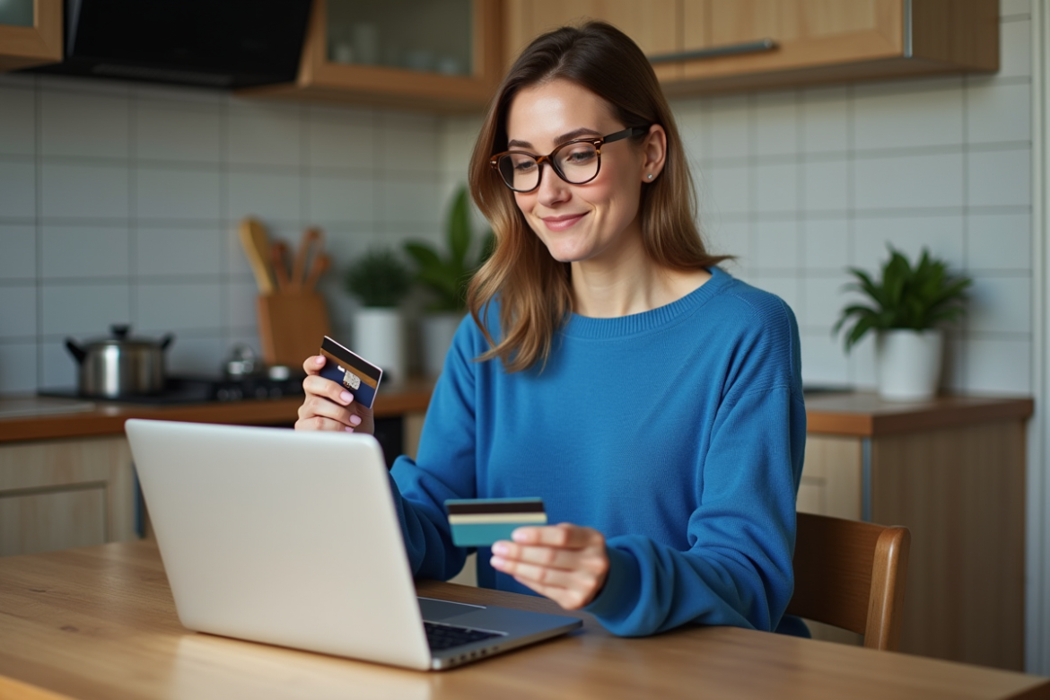 Femme d'âge moyen utilisant un ordinateur et une carte bancaire