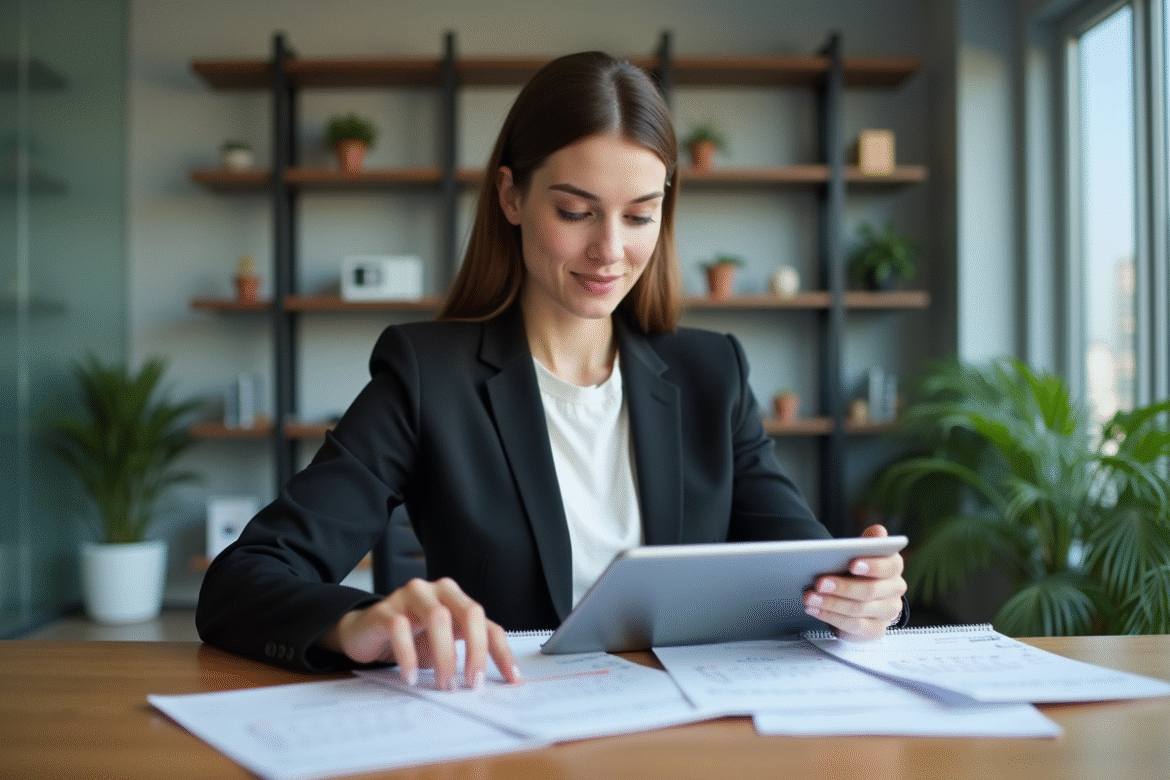 Jeune femme d'affaires compare agendas et tablette au bureau