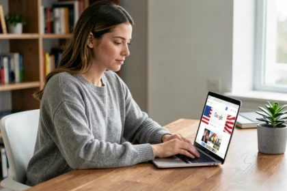 Jeune femme paramétrant Google USA sur son ordinateur portable pour suivre les tendances américaines