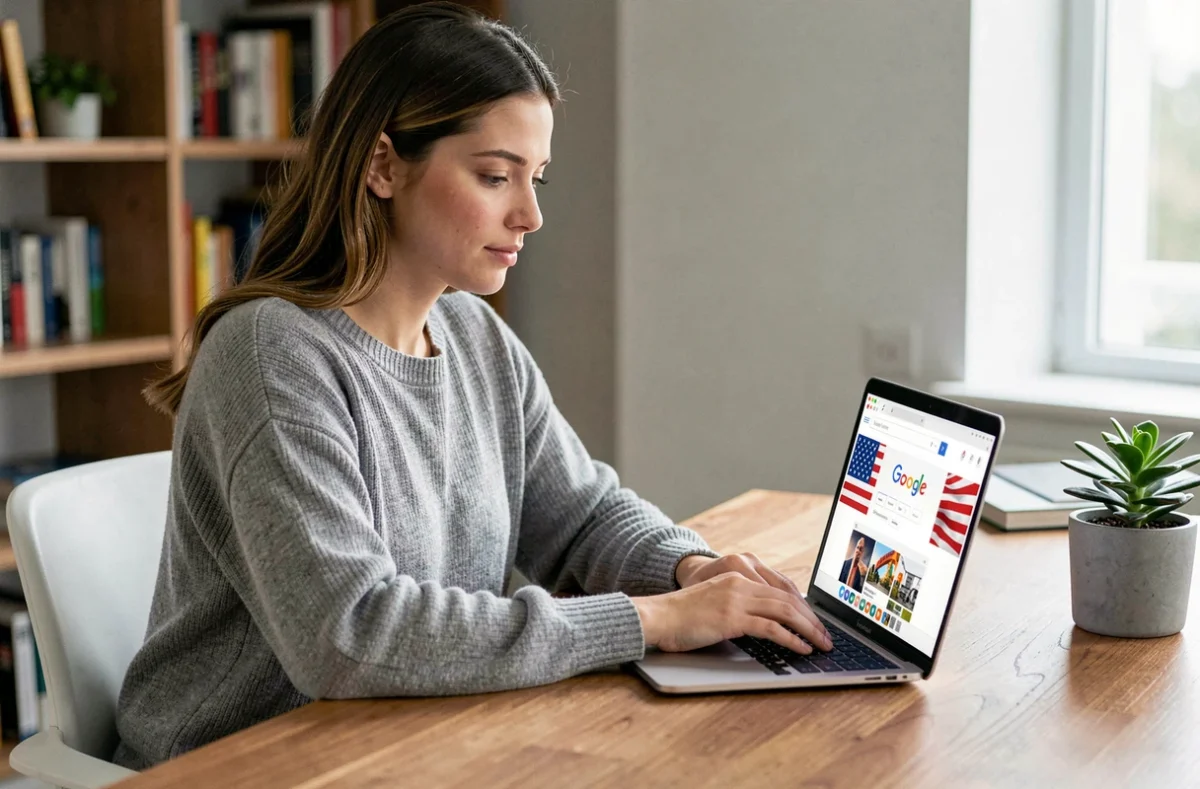 Jeune femme paramétrant Google USA sur son ordinateur portable pour suivre les tendances américaines