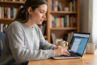 Jeune femme configurant les paramètres de sécurité de son navigateur sur un ordinateur portable pour utiliser un convertisseur YouTube en MP3