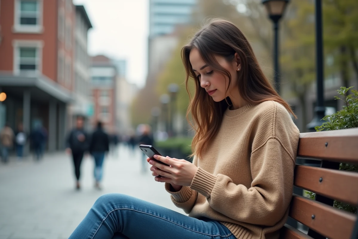 Jeune femme assise dans un parc urbain utilisant son smartphone
