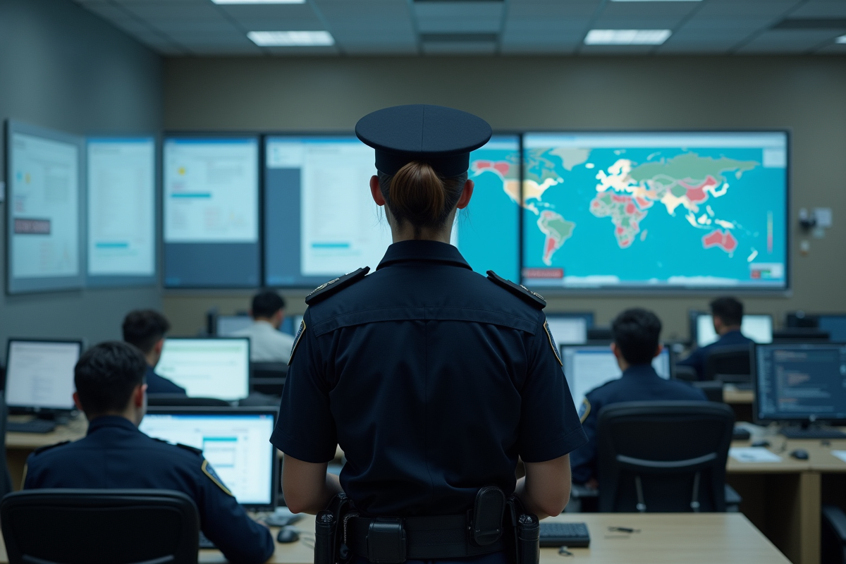 Policiere en uniforme dans un centre cybercrime