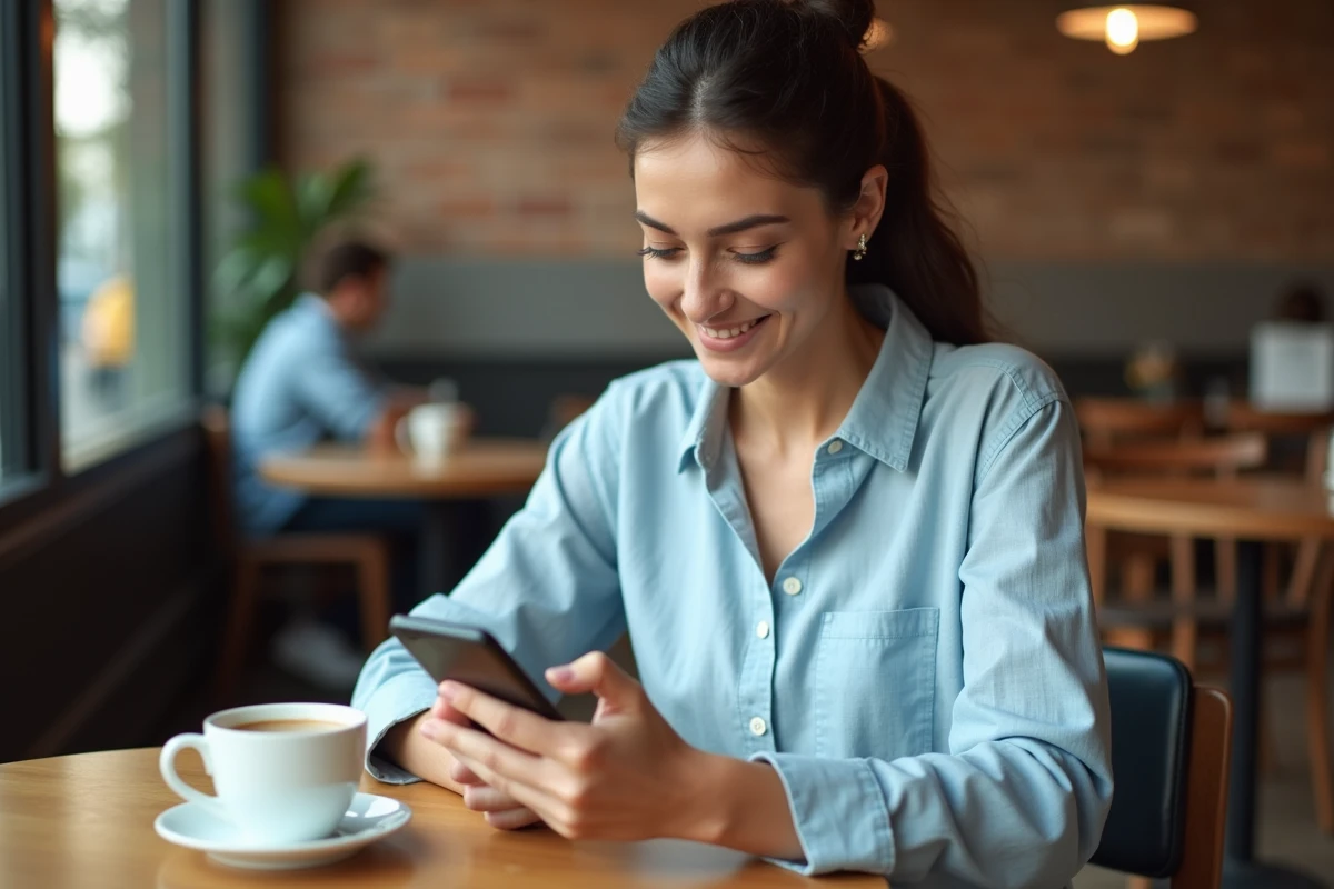 Femme consultant le presse-papier de son téléphone Android dans un café
