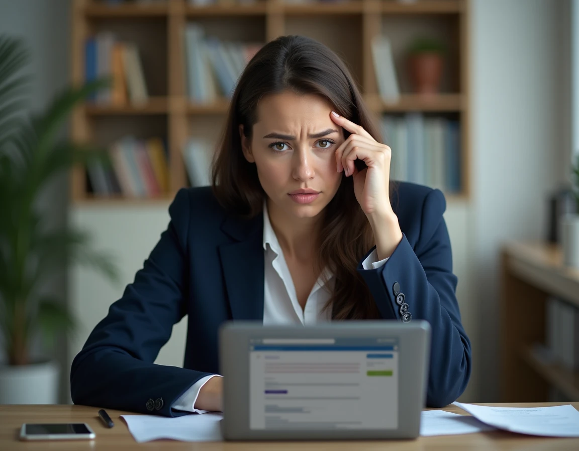 Femme perplexe face à un échec de connexion à sa messagerie académique Mel depuis son bureau à domicile
