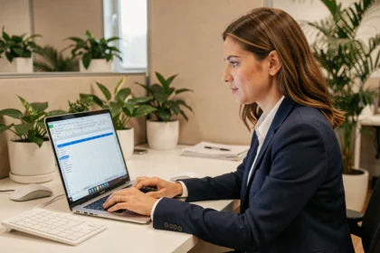Femme professionnelle utilisant la fonction figer les volets sur Excel pour bloquer plusieurs lignes d'un tableau