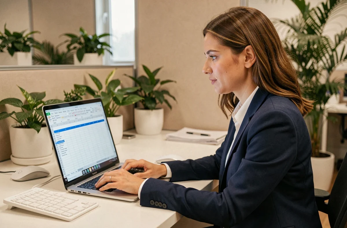 Femme professionnelle utilisant la fonction figer les volets sur Excel pour bloquer plusieurs lignes d'un tableau