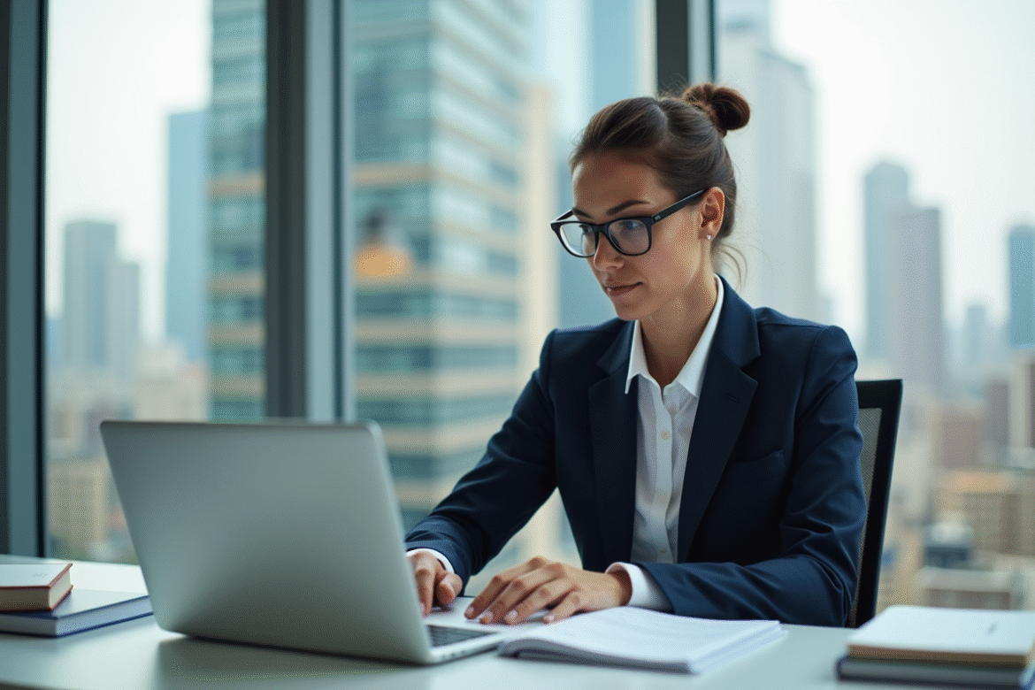 Femme professionnelle en costume navy travaillant sur son ordinateur