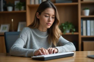 Femme concentrée utilisant les touches fléchées d'un clavier mécanique dans un bureau à domicile bien rangé