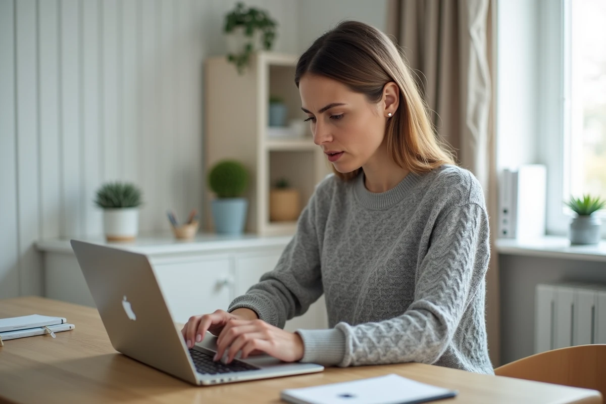 Femme consultant les réglages iCloud Find sur un MacBook pour localiser un appareil perdu