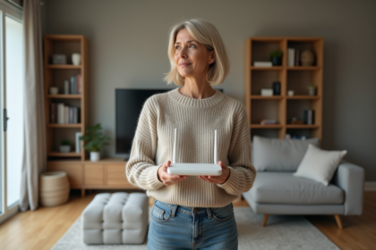 Femme d'âge moyen tenant un routeur WiFi dans un salon moderne