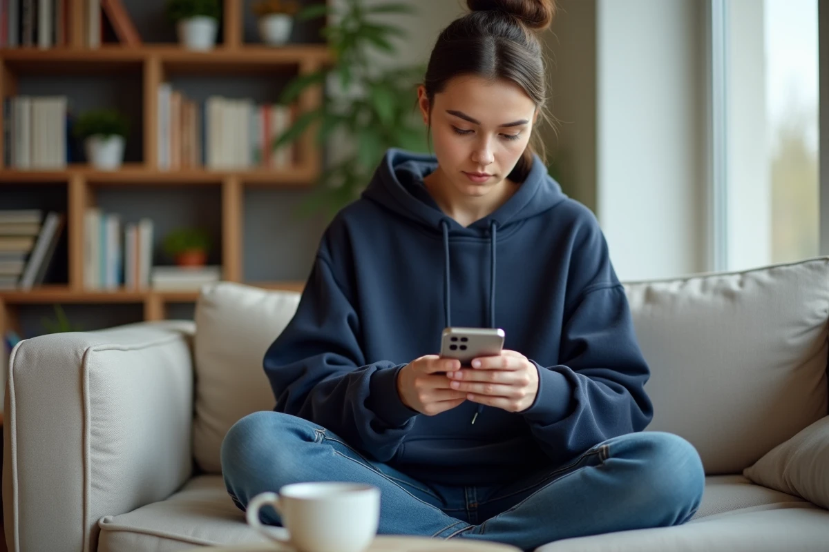 Femme consultant les mises à jour logicielles du Samsung S25 Ultra sur un canapé dans un salon contemporain