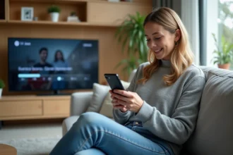 Jeune femme sur canapé regardant la TV avec smartphone
