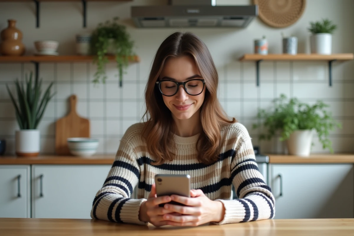 Femme assise à la cuisine avec smartphone et sourire naturel