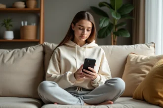 Jeune femme utilisant une application de streaming sur smartphone dans un salon scandinave, illustrant la consommation de données mobiles pour Netflix et Spotify