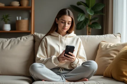 Jeune femme utilisant une application de streaming sur smartphone dans un salon scandinave, illustrant la consommation de données mobiles pour Netflix et Spotify