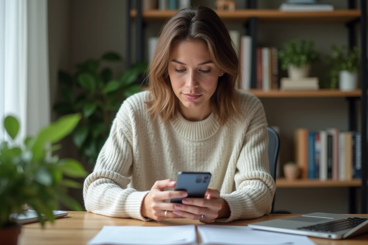 Femme assise à son bureau programment un message sur son smartphone