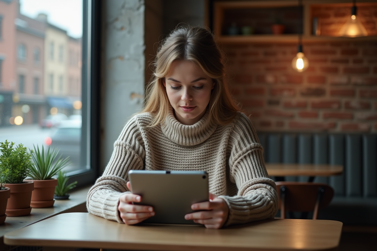 Jeune femme testant une application sur tablette au café