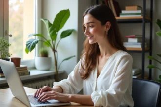 Femme travaillant sur un laptop dans un bureau lumineux