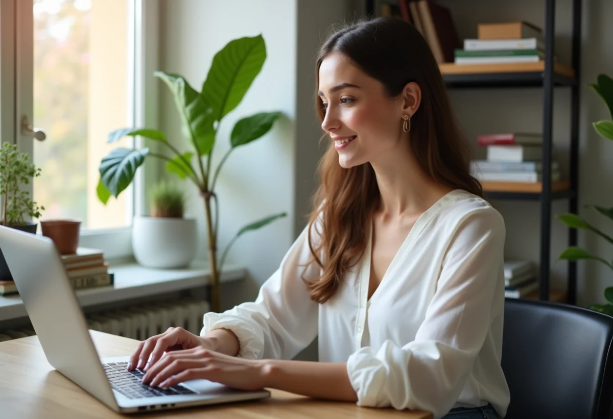 Femme travaillant sur un laptop dans un bureau lumineux
