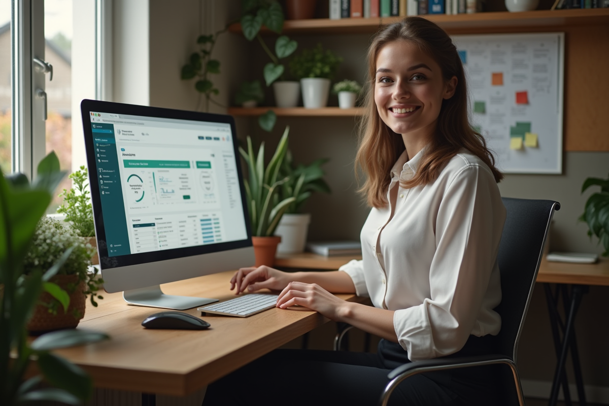 Jeune femme travaillant sur un CRM dans un bureau cosy