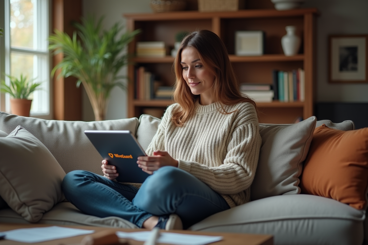 Femme à la maison utilisant une tablette avec le logo WireGuard