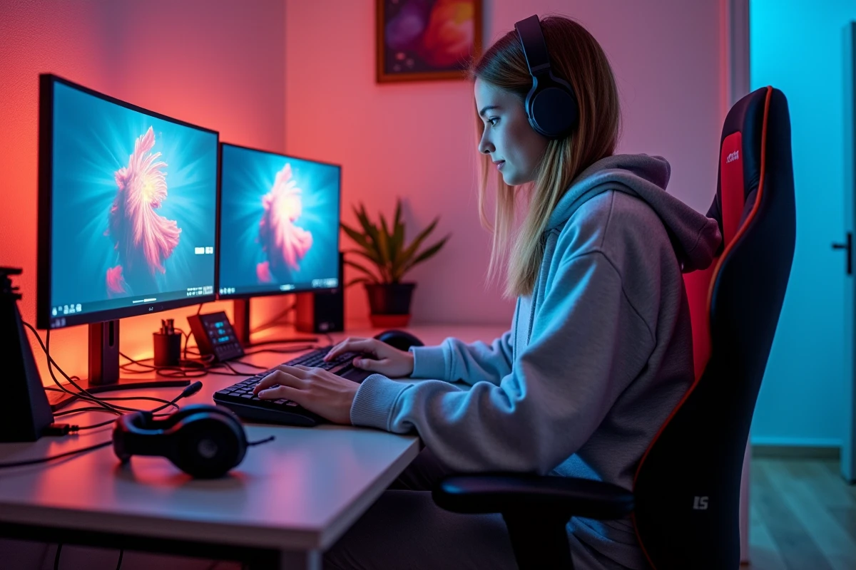 Jeune femme vérifiant câbles et moniteurs gaming