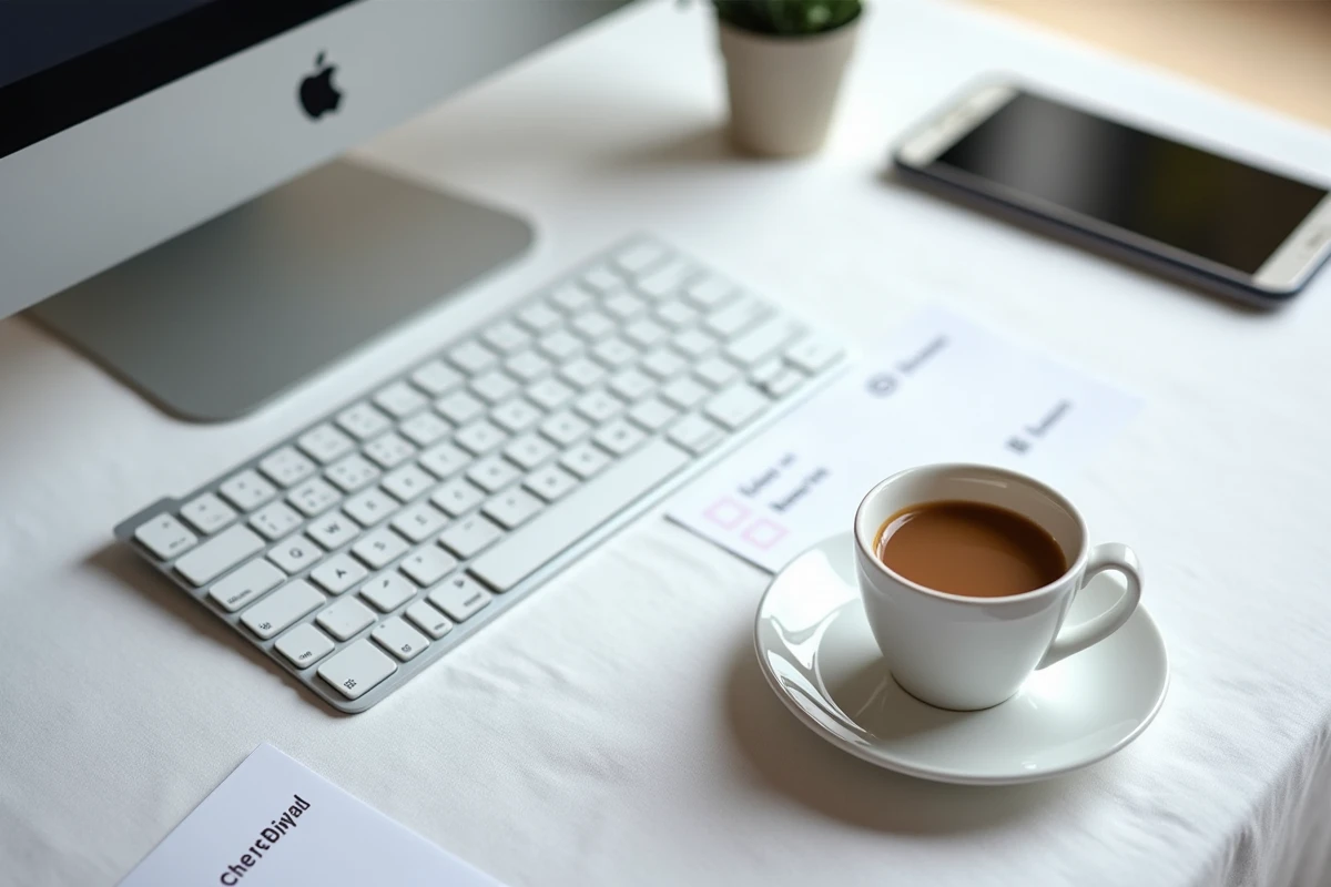 Vue aérienne d'un bureau minimaliste avec clavier, smartphone affichant une boîte mail organisée et checklist de productivité