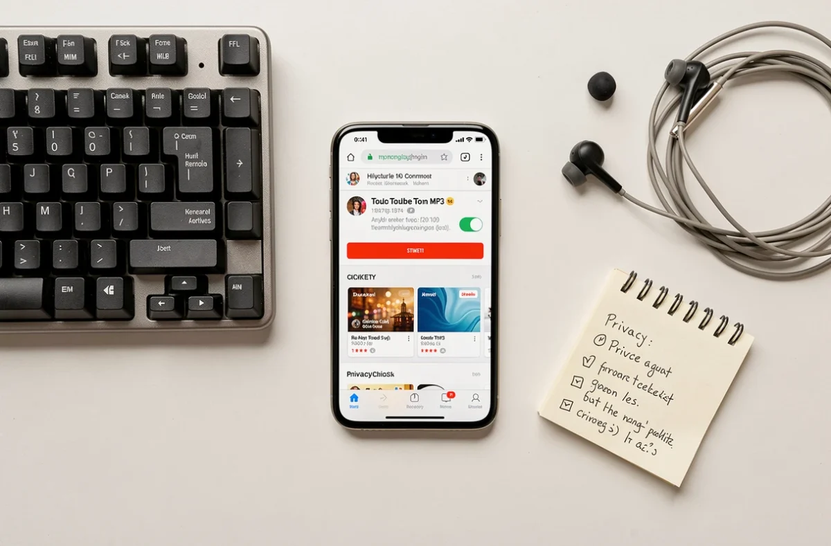 Vue de dessus d'un bureau avec un smartphone affichant un convertisseur YouTube en MP3 dans un navigateur, un clavier et un carnet de notes sur la sécurité