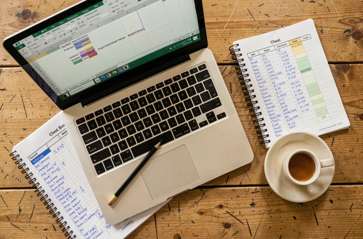 Vue de dessus d'un bureau avec un ordinateur portable affichant Excel, un carnet de notes de calculs de moyenne pondérée et une tasse à café