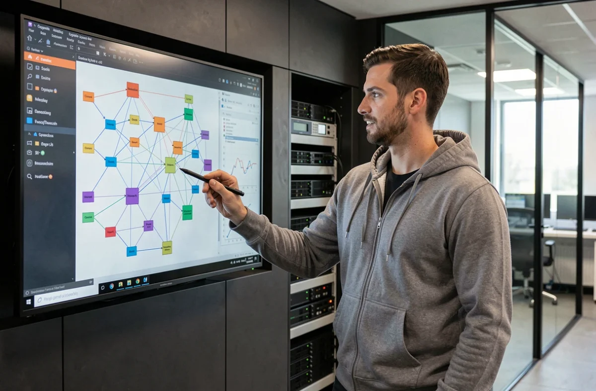 Architecte logiciel de FLEXILAB présentant un diagramme système complexe dans un laboratoire technologique