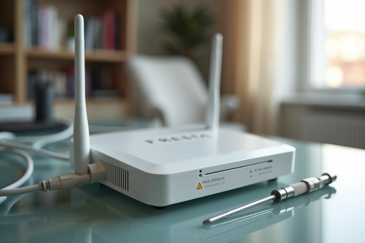 Freebox Delta affichant un voyant d'erreur amber avec câble fibre optique et tournevis sur un bureau de home office